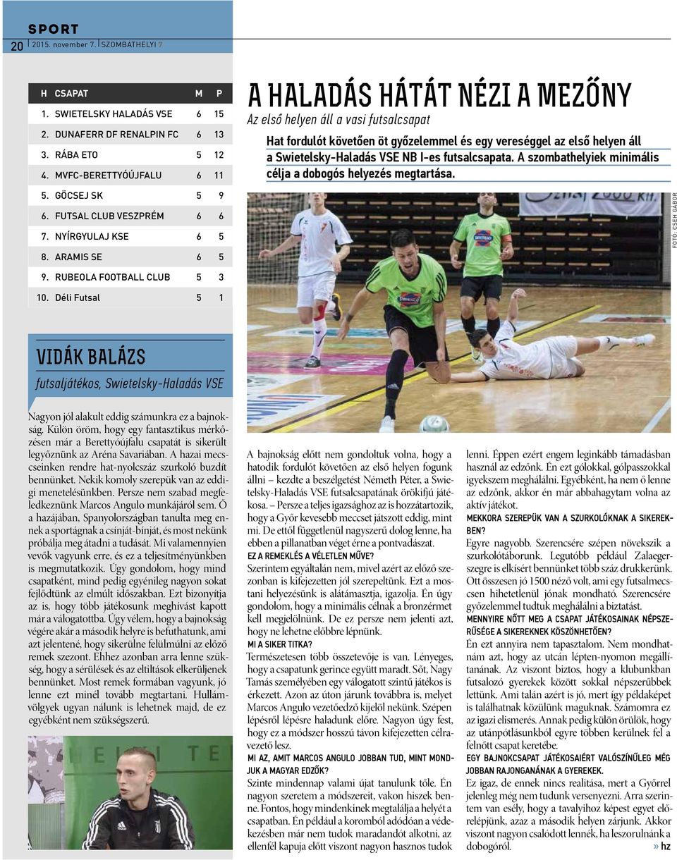 győzelemmel és egy vereséggel az első helyen áll a Swietelsky-Haladás VSE NB I-es futsalcsapata. A szombathelyiek minimális célja a dobogós helyezés megtartása. 5. 6. 7.