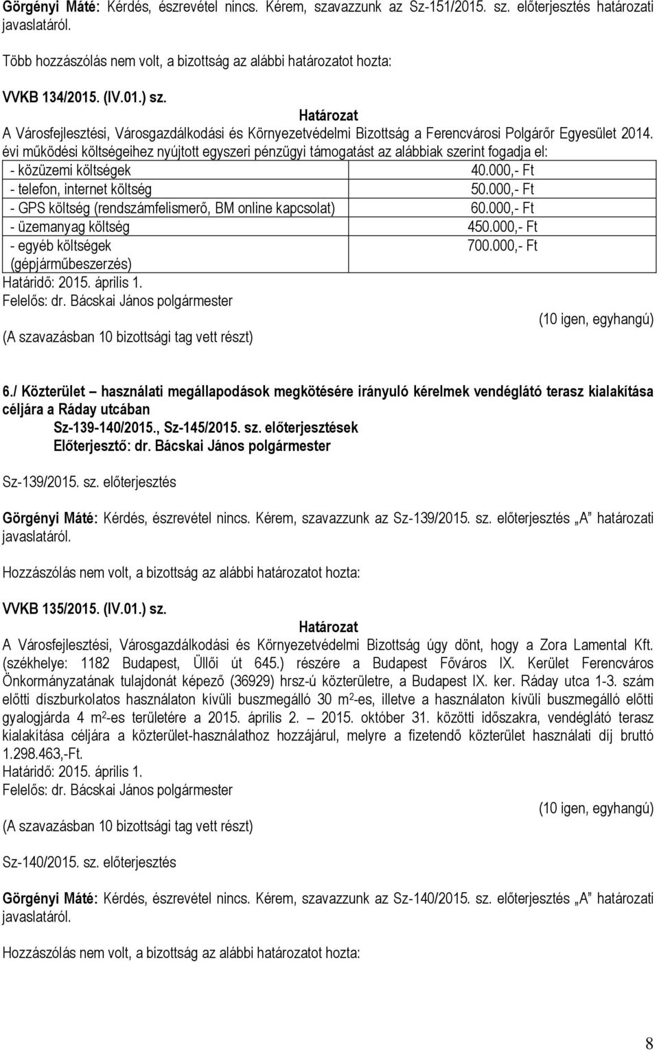 évi működési költségeihez nyújtott egyszeri pénzügyi támogatást az alábbiak szerint fogadja el: - közüzemi költségek 40.000,- Ft - telefon, internet költség 50.