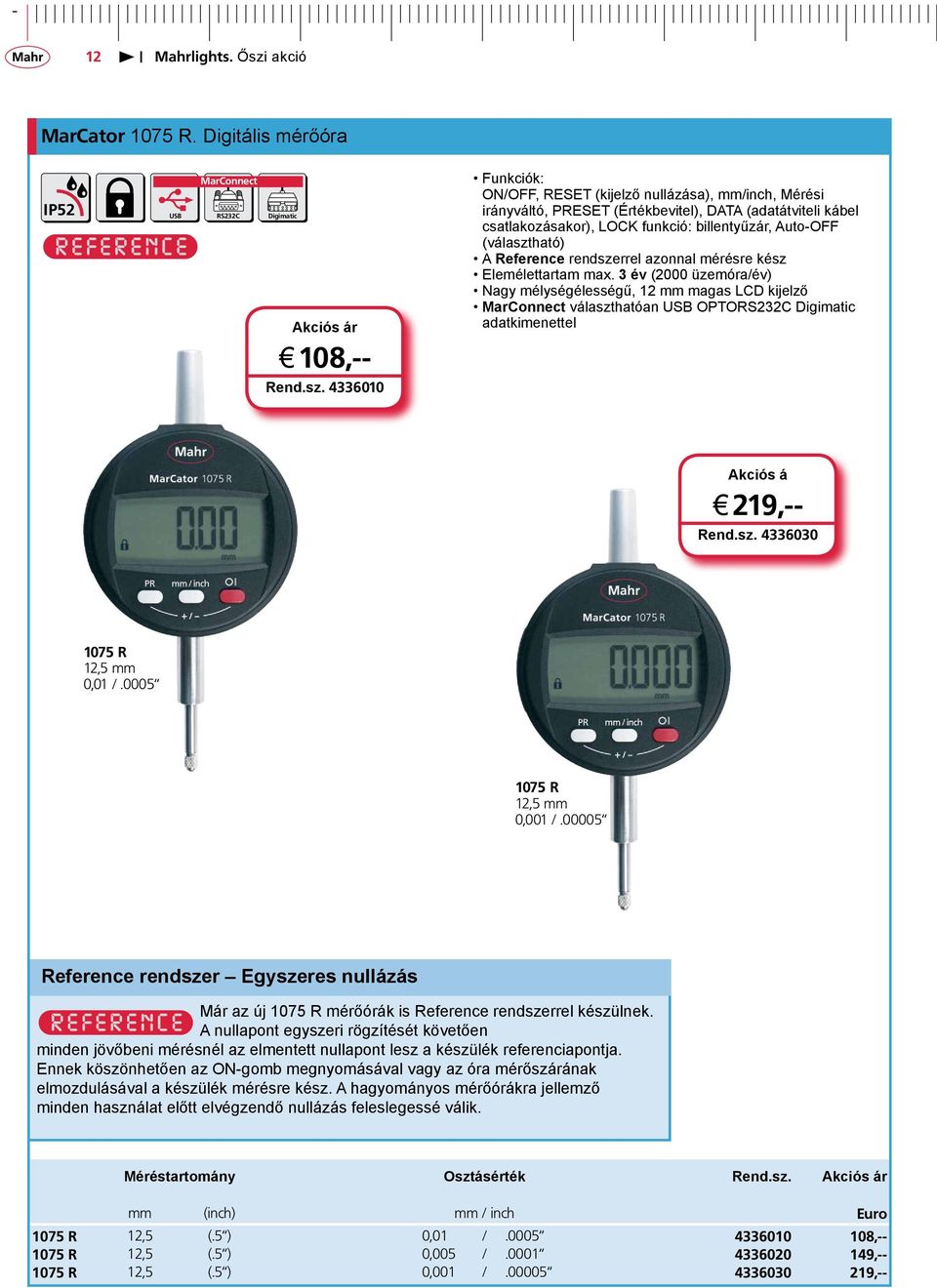 billentyűzár, Auto-OFF (választható) A Reference rendszerrel azonnal mérésre kész Elemélettartam max.