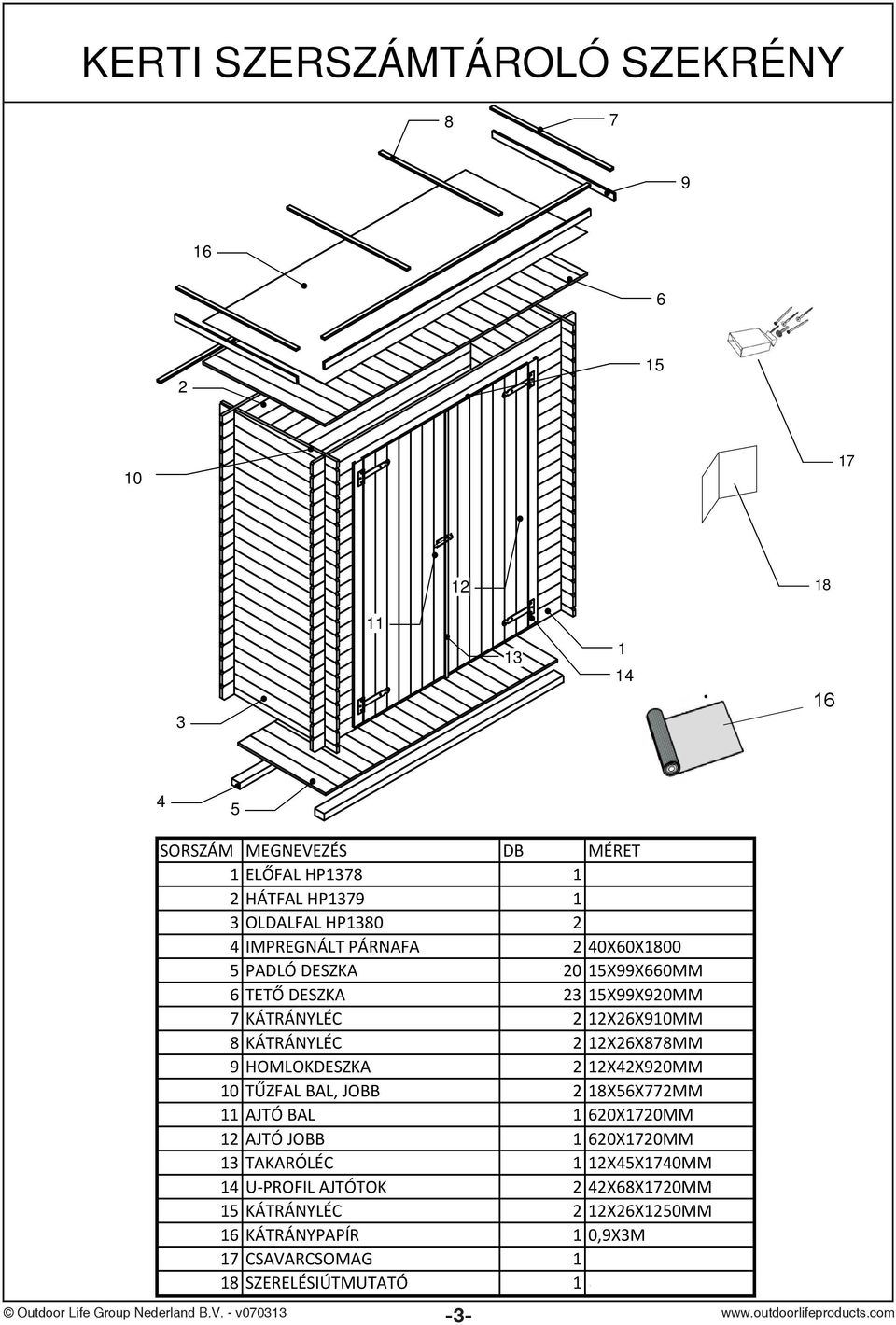 12X26X878MM 9 HOMLOKDESZKA 2 12X42X920MM 10 TŰZFAL BAL, JOBB 2 18X56X772MM 11 AJTÓ BAL 1 620X1720MM 12 AJTÓ JOBB 1 620X1720MM 13 TAKARÓLÉC 1 12X45X1740MM 14