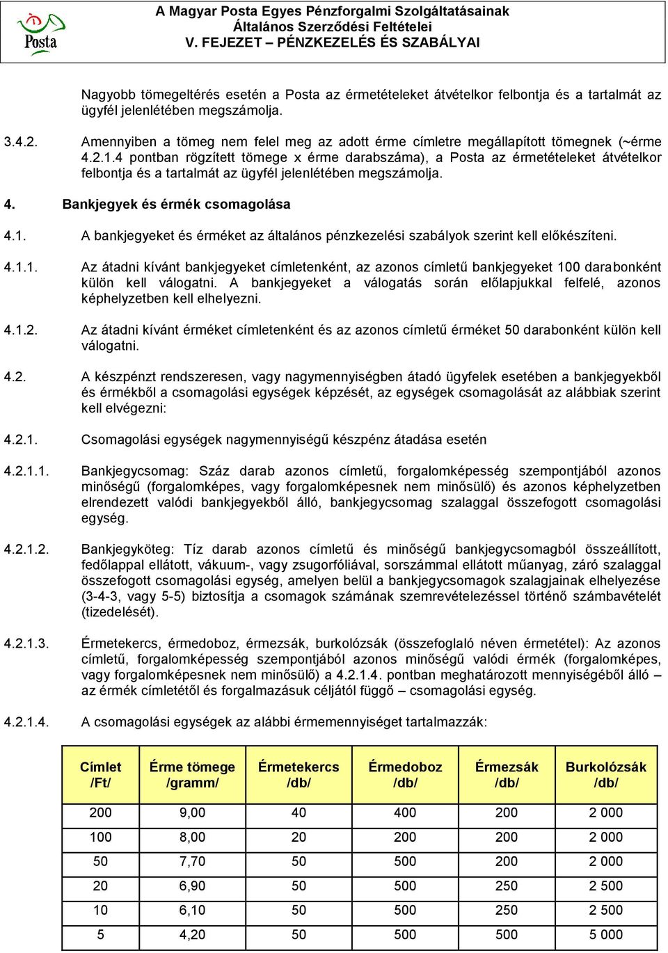 4 pontban rögzített tömege x érme darabszáma), a Posta az érmetételeket átvételkor felbontja és a tartalmát az ügyfél jelenlétében megszámolja. 4. Bankjegyek és érmék csomagolása 4.1.