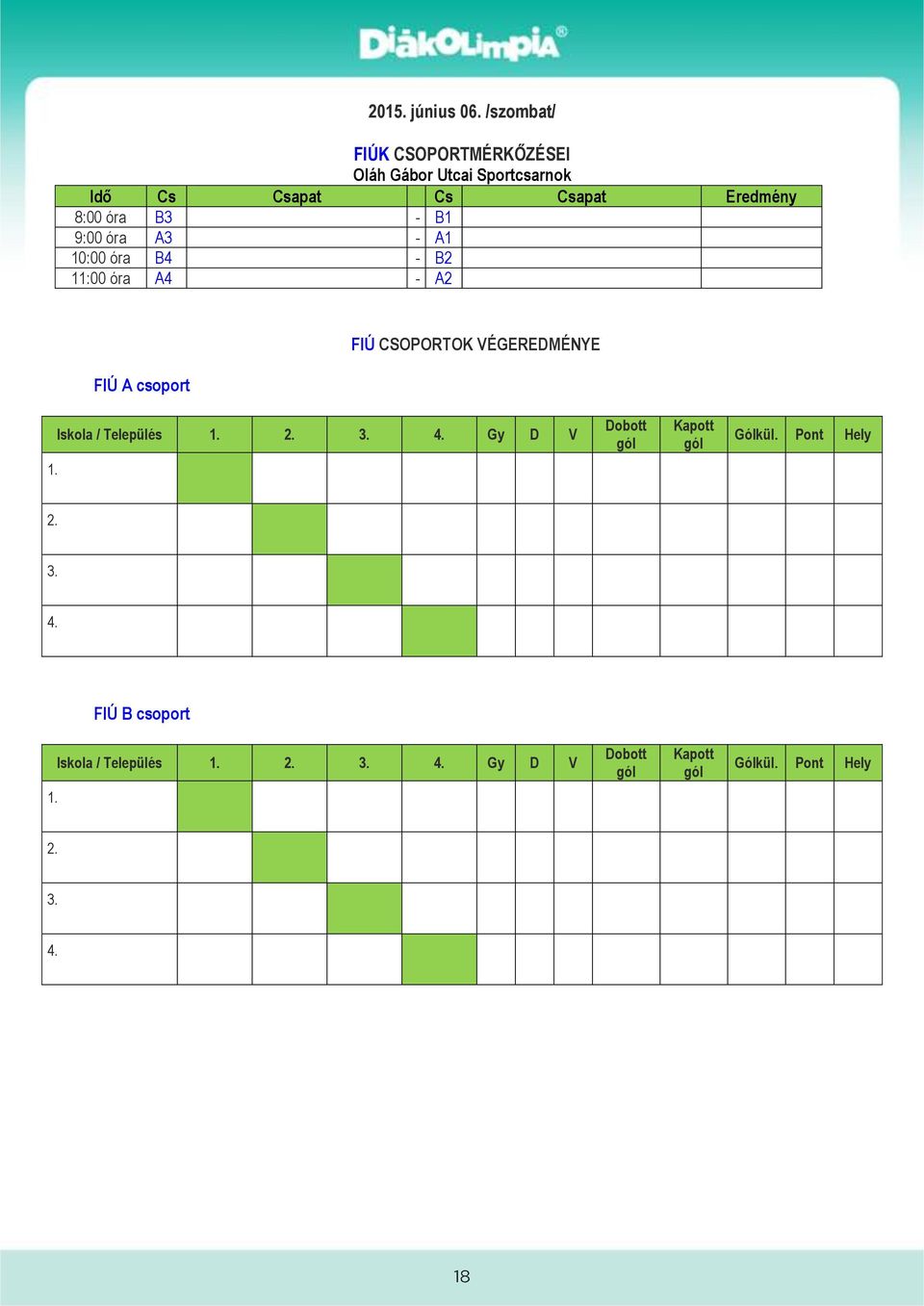 B3 - B1 9:00 óra A3 - A1 10:00 óra B4 - B2 11:00 óra A4 - A2 FIÚ A csoport FIÚ CSOPORTOK VÉGEREDMÉNYE