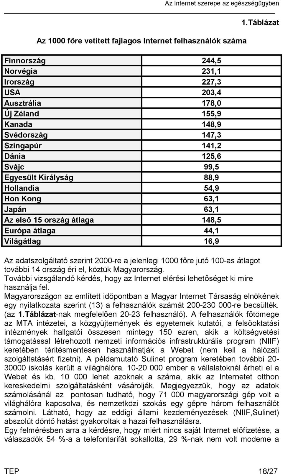 Táblázat Az adatszolgáltató szerint 2000-re a jelenlegi 1000 főre jutó 100-as átlagot további 14 ország éri el, köztük Magyarország.