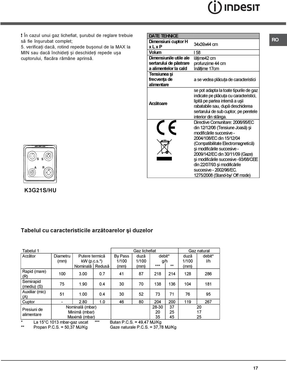 A S S R DATE TEHNICE Dimensiuni cuptor H x L x P Volum l 58 Dimensiunile utile ale sertarului de păstrare a alimentelor la cald Tensiunea şi frecvenţa de alimentare Arzătoare 34x39x44 cm lăţime42 cm