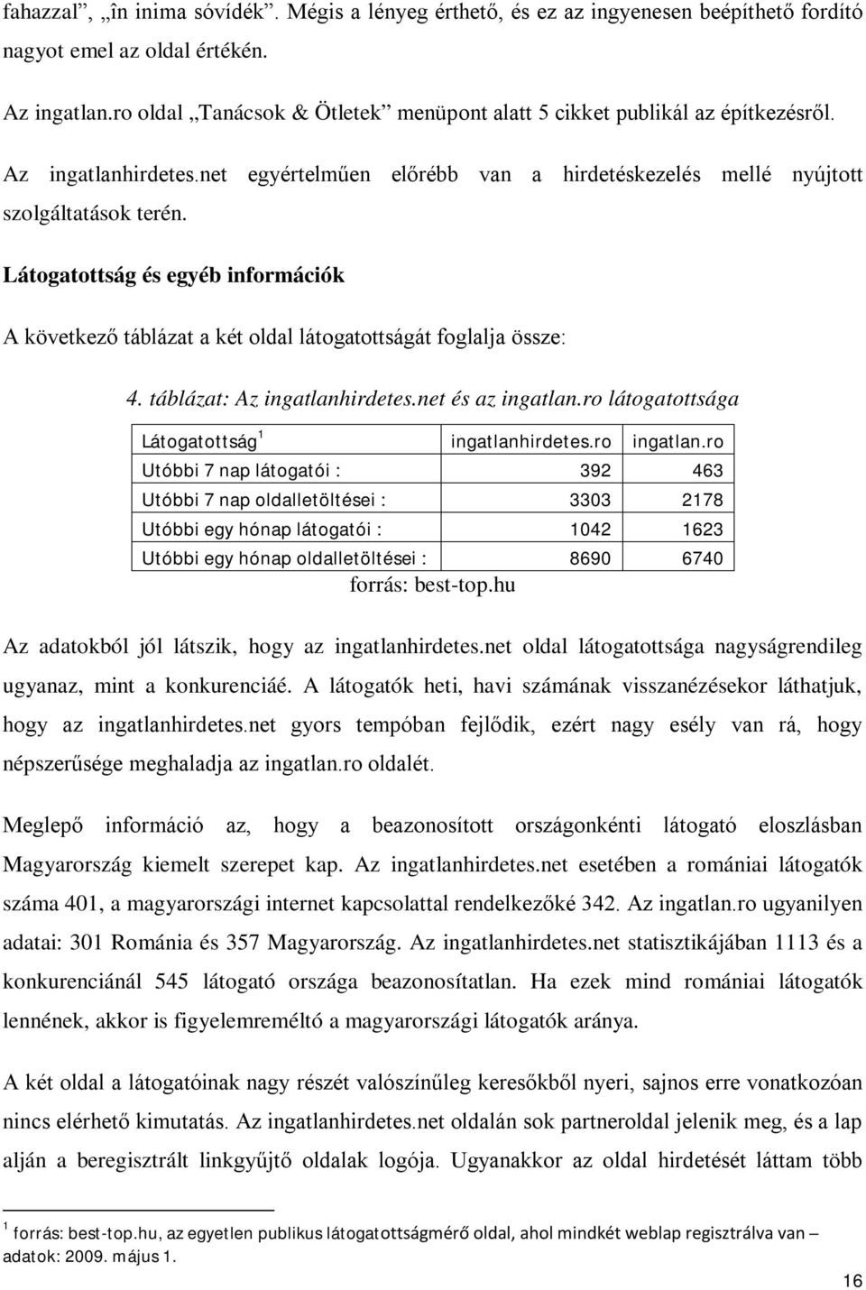 Látogatottság és egyéb információk A következő táblázat a két oldal látogatottságát foglalja össze: 4. táblázat: Az ingatlanhirdetes.net és az ingatlan.