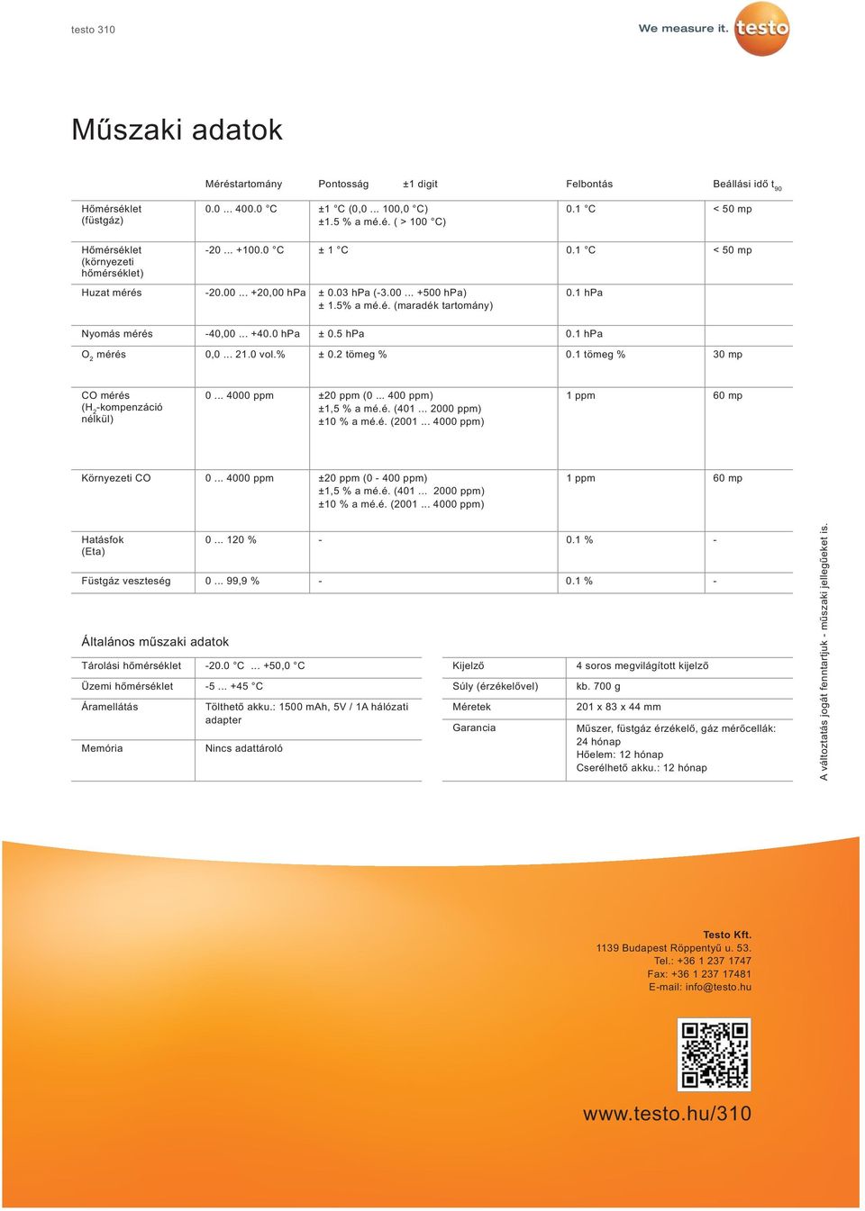 1 hpa Nyomás mérés -40,00... +40.0 hpa ± 0.5 hpa 0.1 hpa O 2 mérés 0,0... 21.0 vol.% ± 0.2 tömeg % 0.1 tömeg % 30 mp CO mérés (H 2 -kompenzáció nélkül) 0... 4000 ppm ±20 ppm (0... 400 ppm) ±1,5 % a mé.