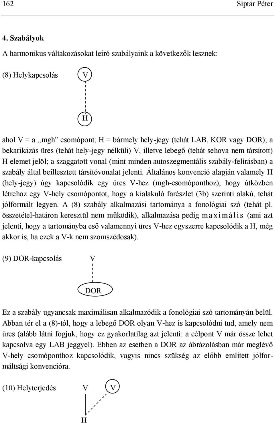 hely-jegy nélküli) V, illetve lebegő (tehát sehova nem társított) H elemet jelöl; a szaggatott vonal (mint minden autoszegmentális szabály-felírásban) a szabály által beillesztett társítóvonalat