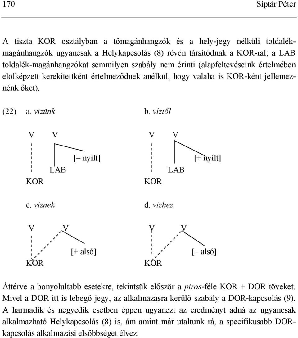 víznek d. vízhez V V V V [+ alsó] [ alsó] Áttérve a bonyolultabb esetekre, tekintsük először a piros-féle + töveket. Mivel a itt is lebegő jegy, az alkalmazásra kerülő szabály a -kapcsolás (9).