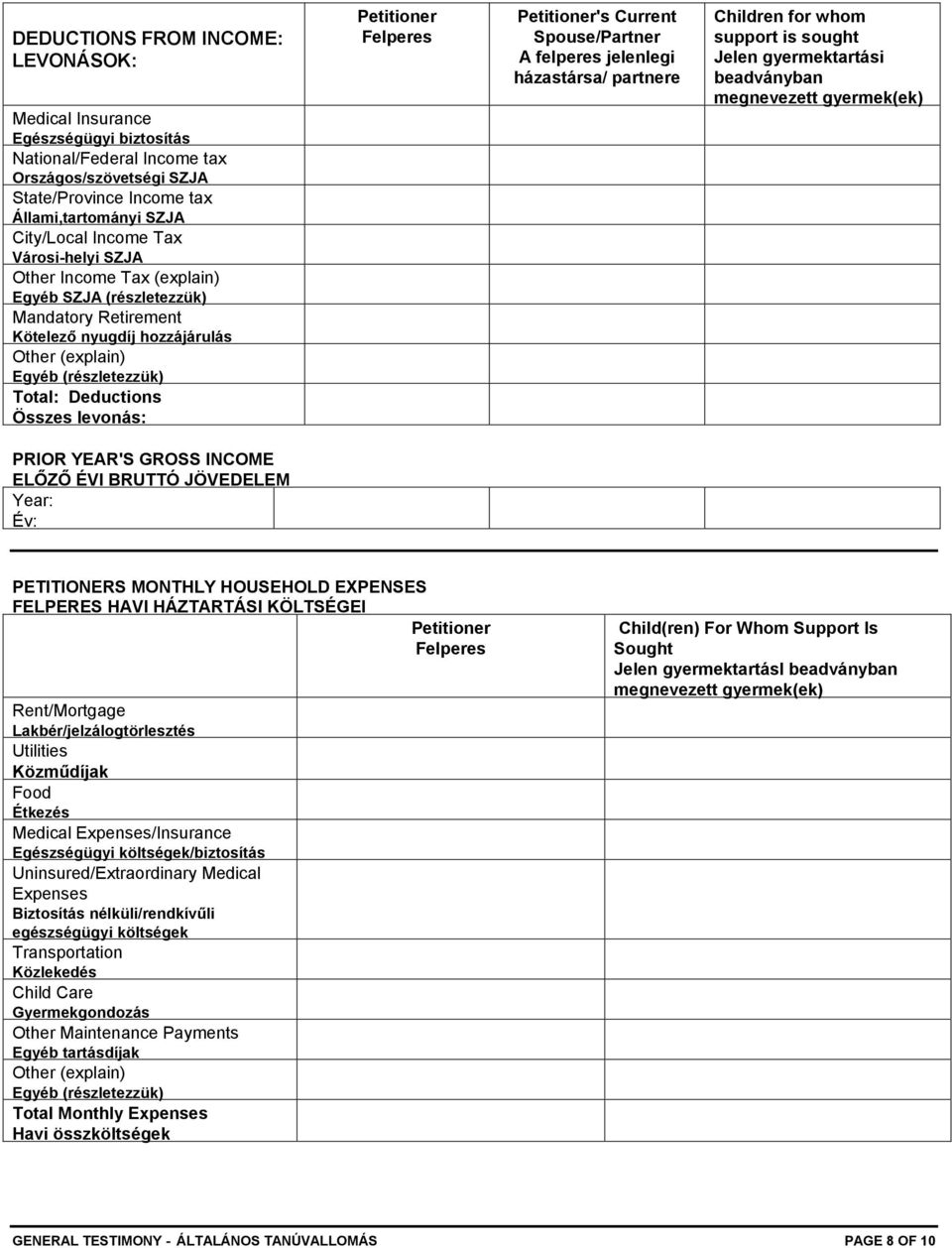 Petitioner Felperes Petitioner's Current Spouse/Partner A felperes jelenlegi házastársa/ partnere Children for whom support is sought Jelen gyermektartási beadványban megnevezett gyermek(ek) PRIOR
