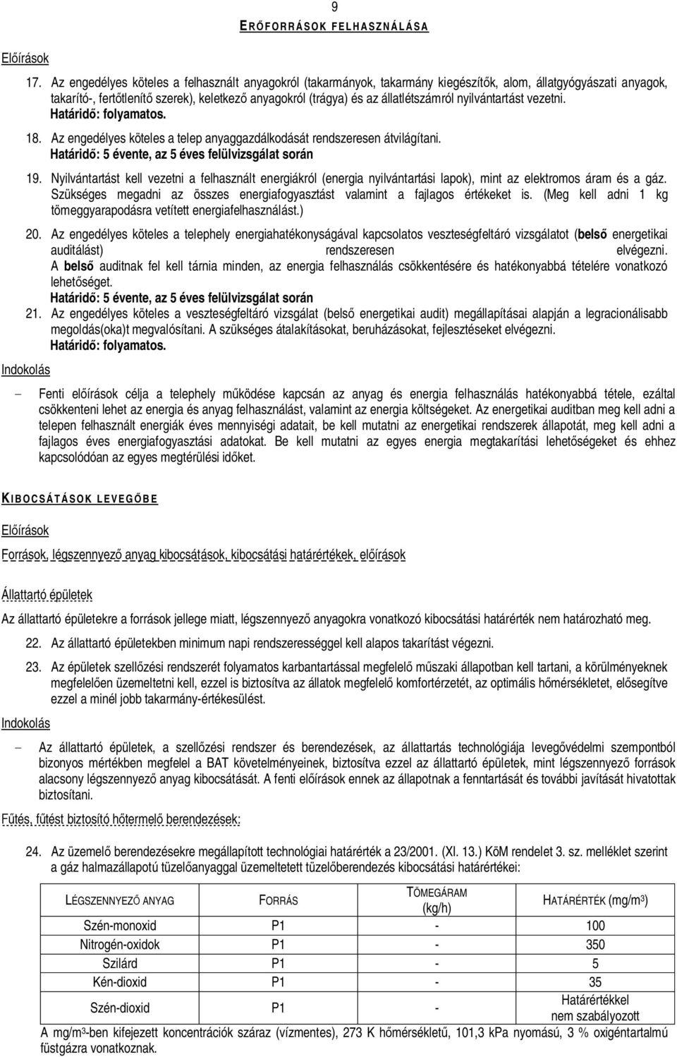 nyilvántartást vezetni. Határid : folyamatos. 18. Az engedélyes köteles a telep anyaggazdálkodását rendszeresen átvilágítani. Határid : 5 évente, az 5 éves felülvizsgálat során 19.