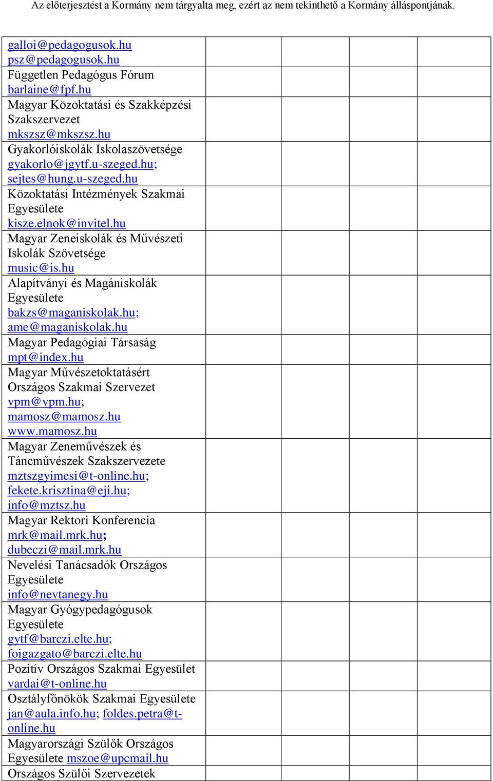 hu Alapítványi és Magániskolák Egyesülete bakzs@maganiskolak.hu; ame@maganiskolak.hu Magyar Pedagógiai Társaság mpt@index.hu Magyar Művészetoktatásért Országos Szakmai Szervezet vpm@vpm.