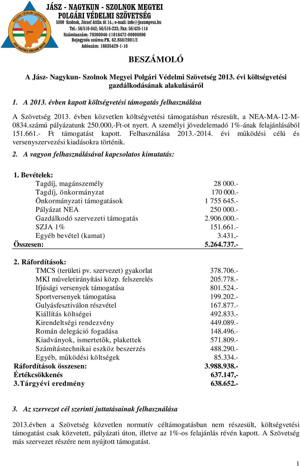 Felhasználása 2013.-2014. évi működési célú és versenyszervezési kiadásokra történik. 2. A vagyon felhasználásával kapcsolatos kimutatás: 1. Bevételek: Tagdíj, magánszemély 28 000.