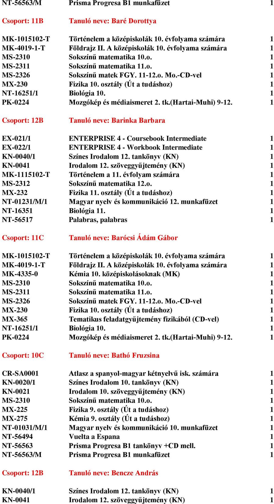 osztály (Út a tudáshoz) 1 NT-16251/1 Biológia 10. 1 PK-0224 Mozgókép és médiaismeret 2. tk.(hartai-muhi) 9-12.o. 1 Csoport: 12B Tanuló neve: Barinka Barbara EX-021/1 ENTERPRISE 4 - Coursebook Intermediate 1 EX-022/1 ENTERPRISE 4 - Workbook Intermediate 1 KN-0040/1 Színes Irodalom 12.