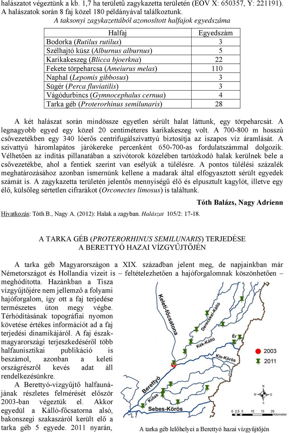 (Ameiurus melas) 110 Naphal (Lepomis gibbosus) 3 Sügér (Perca fluviatilis) 3 Vágódurbincs (Gymnocephalus cernua) 4 Tarka géb (Proterorhinus semilunaris) 28 A két halászat során mindössze egyetlen