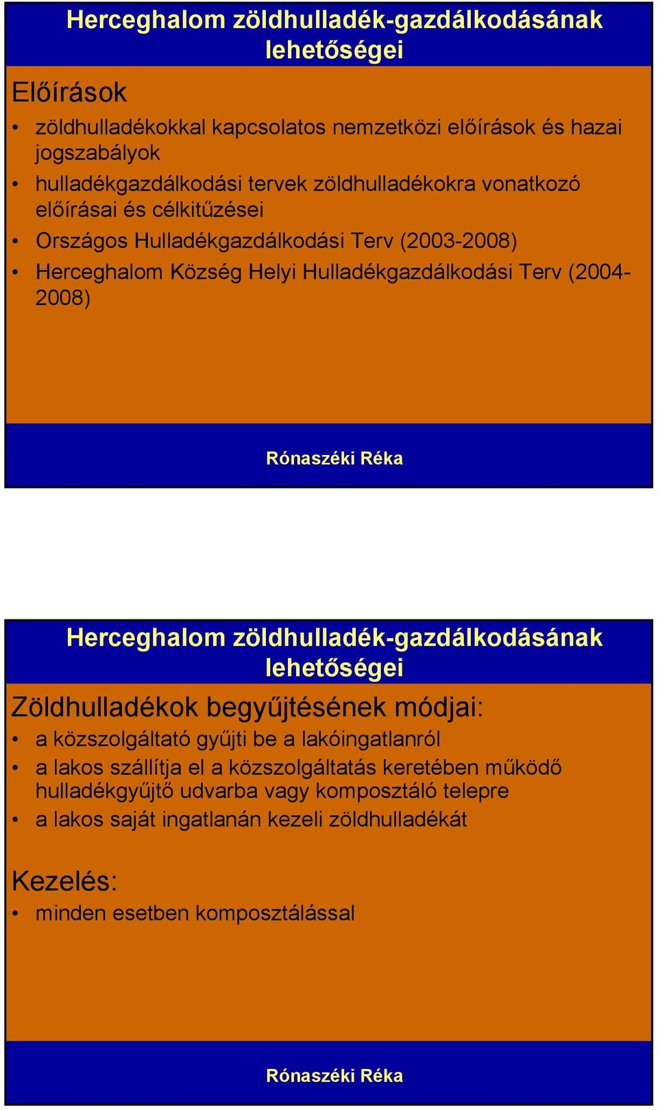 Rónaszéki Réka Herceghalom zöldhulladék-gazdálkodásának lehetőségei Zöldhulladékok begyűjtésének módjai: a közszolgáltató gyűjti be a lakóingatlanról a lakos szállítja el