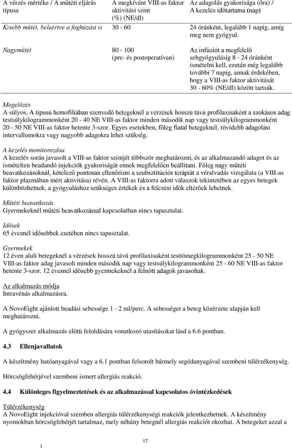 Nagyműtét 80-00 (pre- és postoperatívan) Az infúziót a megfelelő sebgyógyulásig 8-24 óránként ismételni kell, ezután még legalább további 7 napig, annak érdekében, hogy a VIII-as faktor aktivitását