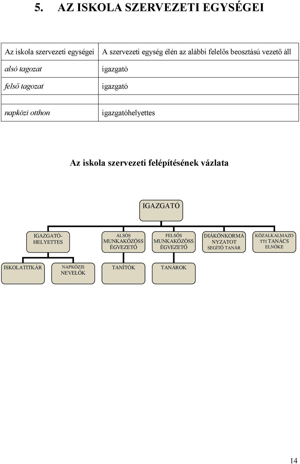 szervezeti felépítésének vázlata IGAZGATÓ IGAZGATÓ- HELYETTES ALSÓS MUNKAKÖZÖSS ÉGVEZETŐ FELSŐS MUNKAKÖZÖSS