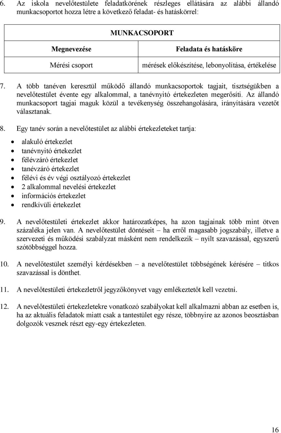 A több tanéven keresztül működő állandó munkacsoportok tagjait, tisztségükben a nevelőtestület évente egy alkalommal, a tanévnyitó értekezleten megerősíti.