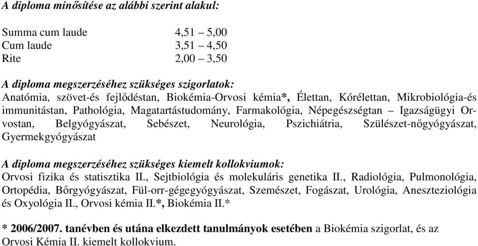 Pszichiátria, Szülészet-nőgyógyászat, Gyermekgyógyászat A diploma megszerzéséhez szükséges kiemelt kollokviumok: Orvosi fizika és statisztika II., Sejtbiológia és molekuláris genetika II.