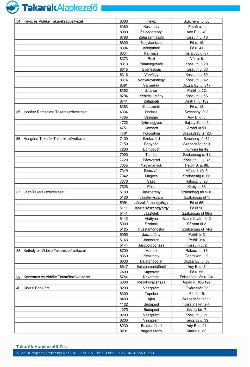 42. 8391 Sármellék Dózsa Gy. u. 317. 8392 Zalavár Petőfi u. 22. 8784 Kehidakustány Kossuth u. 56. 8741 Zalaapáti Deák F. u. 139. 8353 Zalaszántó Fő u. 13. 35 Hodász-Porcsalma Takarékszövetkezet 4334 Hodász Széchenyi út 8.