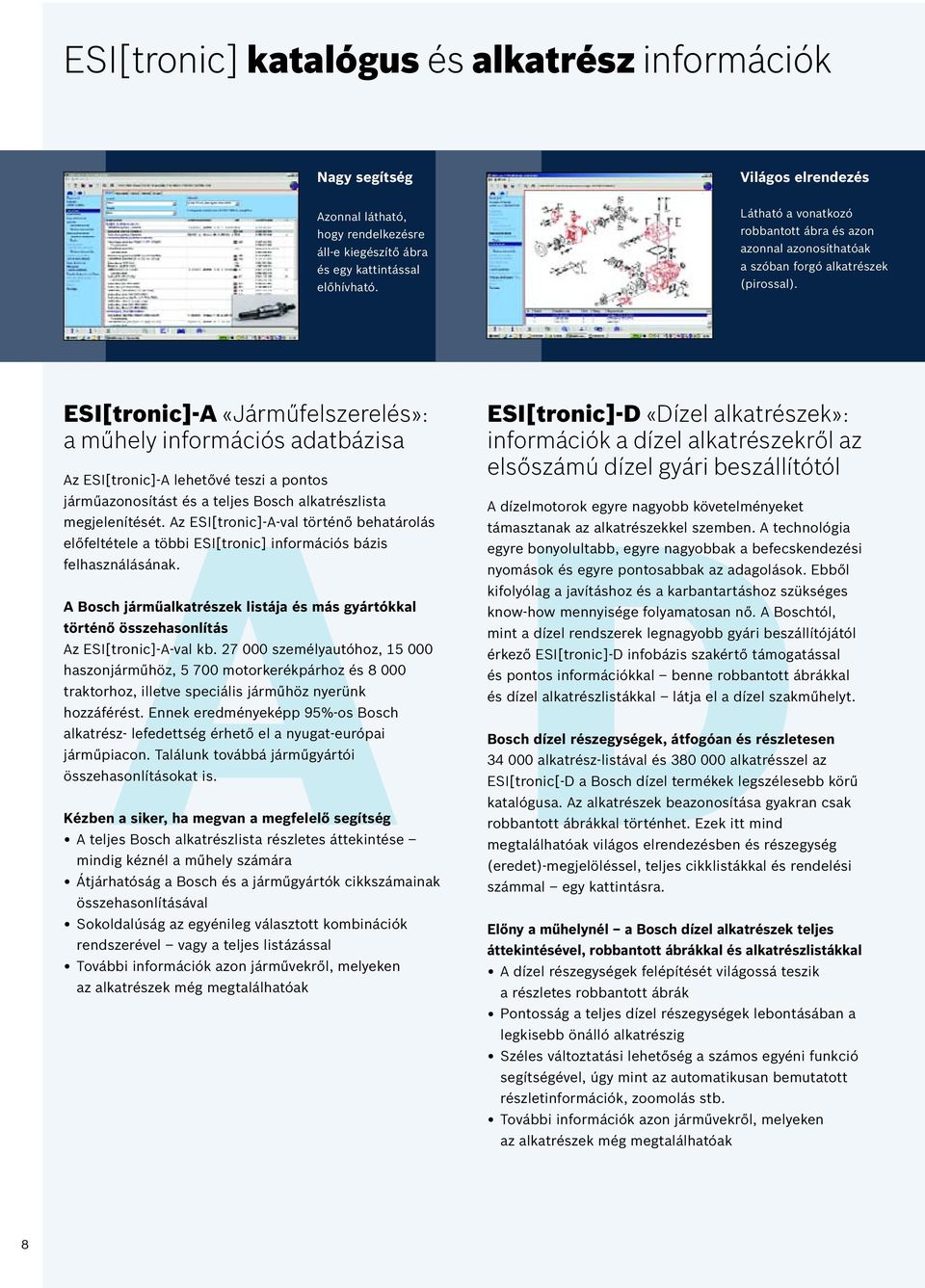 ESI[tronic]-A «Járműfelszerelés»: a műhely információs adatbázisa Az ESI[tronic]-A lehetővé teszi a pontos A járműazonosítást és a teljes Bosch alkatrészlista megjelenítését.