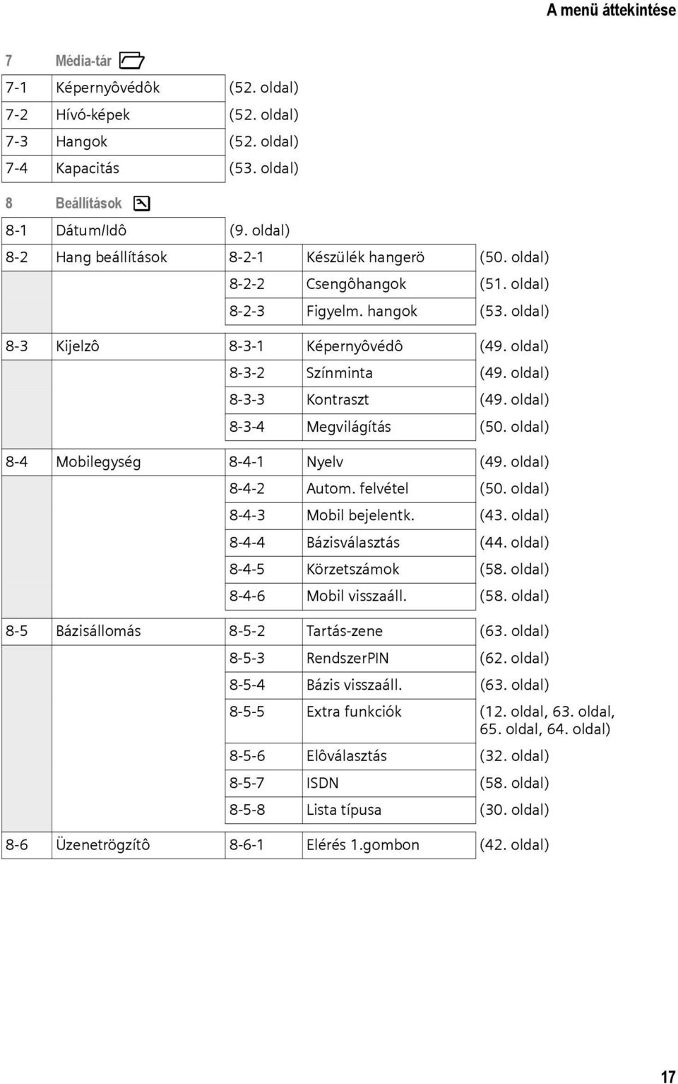 oldal) 8-3-3 Kontraszt (49. oldal) 8-3-4 Megvilágítás (50. oldal) 8-4 Mobilegység 8-4-1 Nyelv (49. oldal) 8-4-2 Autom. felvétel (50. oldal) 8-4-3 Mobil bejelentk. (43. oldal) 8-4-4 Bázisválasztás (44.