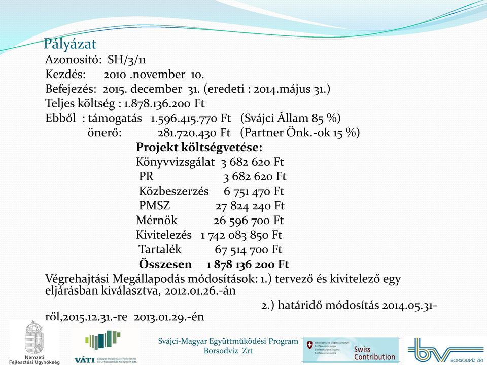 -ok 15 %) Projekt költségvetése: Könyvvizsgálat 3 682 620 Ft PR 3 682 620 Ft Közbeszerzés 6 751 470 Ft PMSZ 27 824 240 Ft Mérnök 26 596 700 Ft Kivitelezés 1