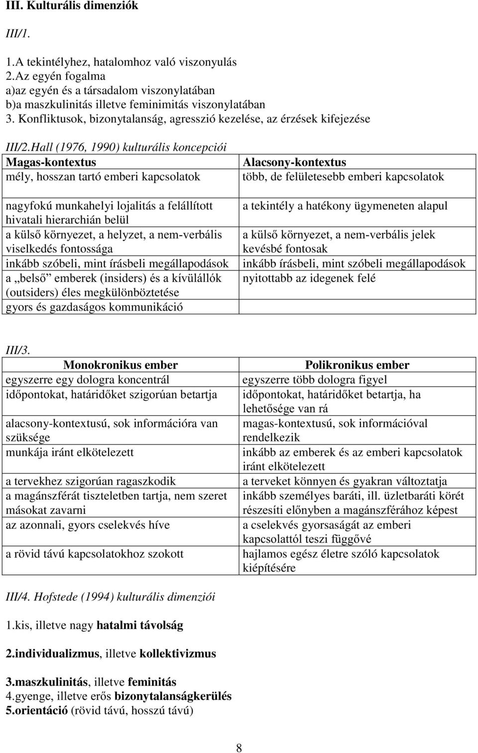 Hall (1976, 1990) kulturális koncepciói Magas-kontextus mély, hosszan tartó emberi kapcsolatok nagyfokú munkahelyi lojalitás a felállított hivatali hierarchián belül 7- + # viselkedés fontossága