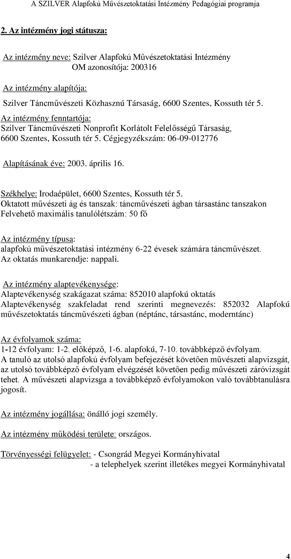 Székhelye: Irodaépület, 6600 Szentes, Kossuth tér 5. Felvehető maximális tanulólétszám: 50 fő Az intézmény típusa: alapfokú művészetoktatási intézmény 6-22 évesek számára táncművészet.