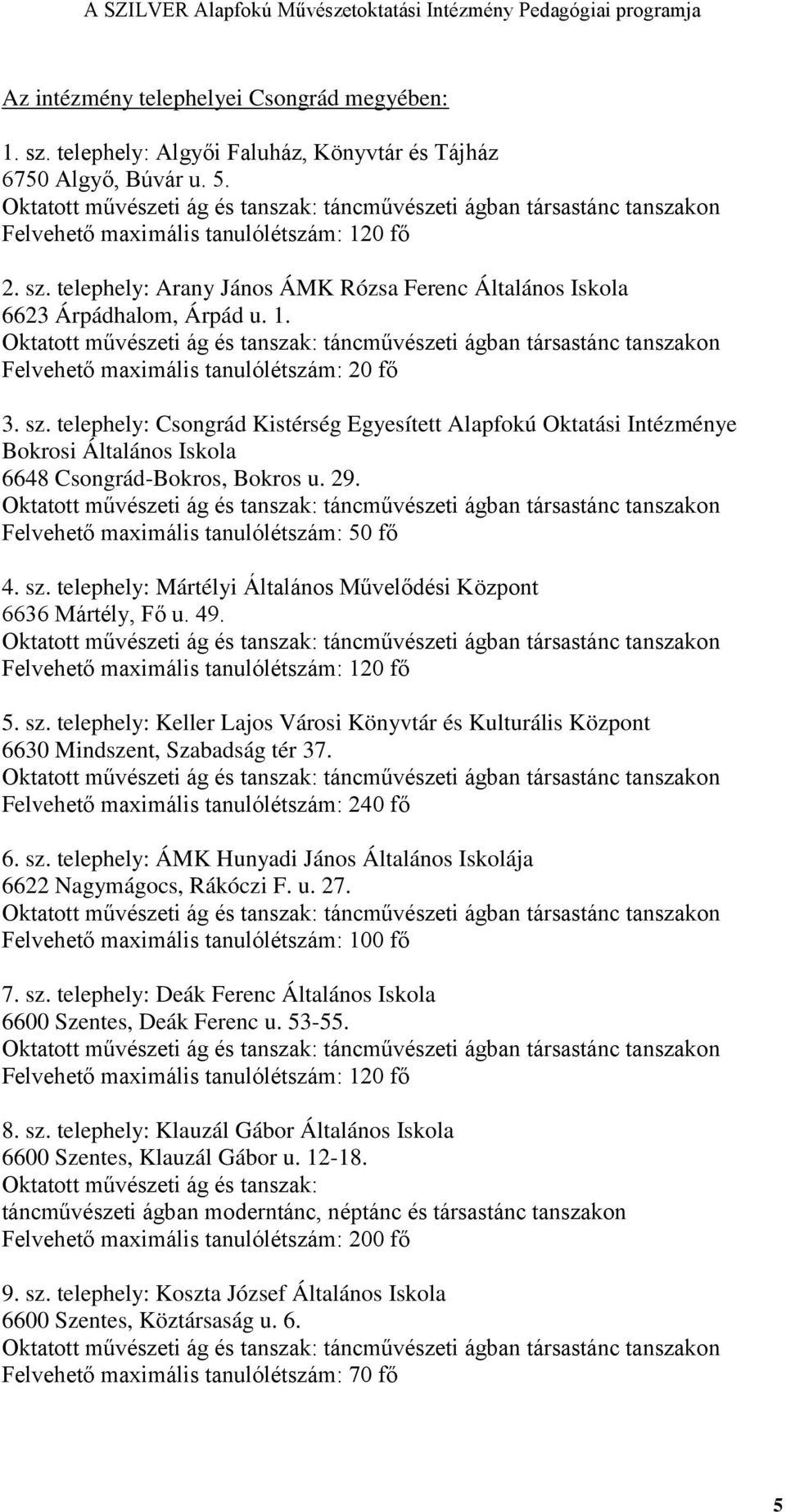 Felvehető maximális tanulólétszám: 50 fő 4. sz. telephely: Mártélyi Általános Művelődési Központ 6636 Mártély, Fő u. 49. Felvehető maximális tanulólétszám: 120 fő 5. sz. telephely: Keller Lajos Városi Könyvtár és Kulturális Központ 6630 Mindszent, Szabadság tér 37.