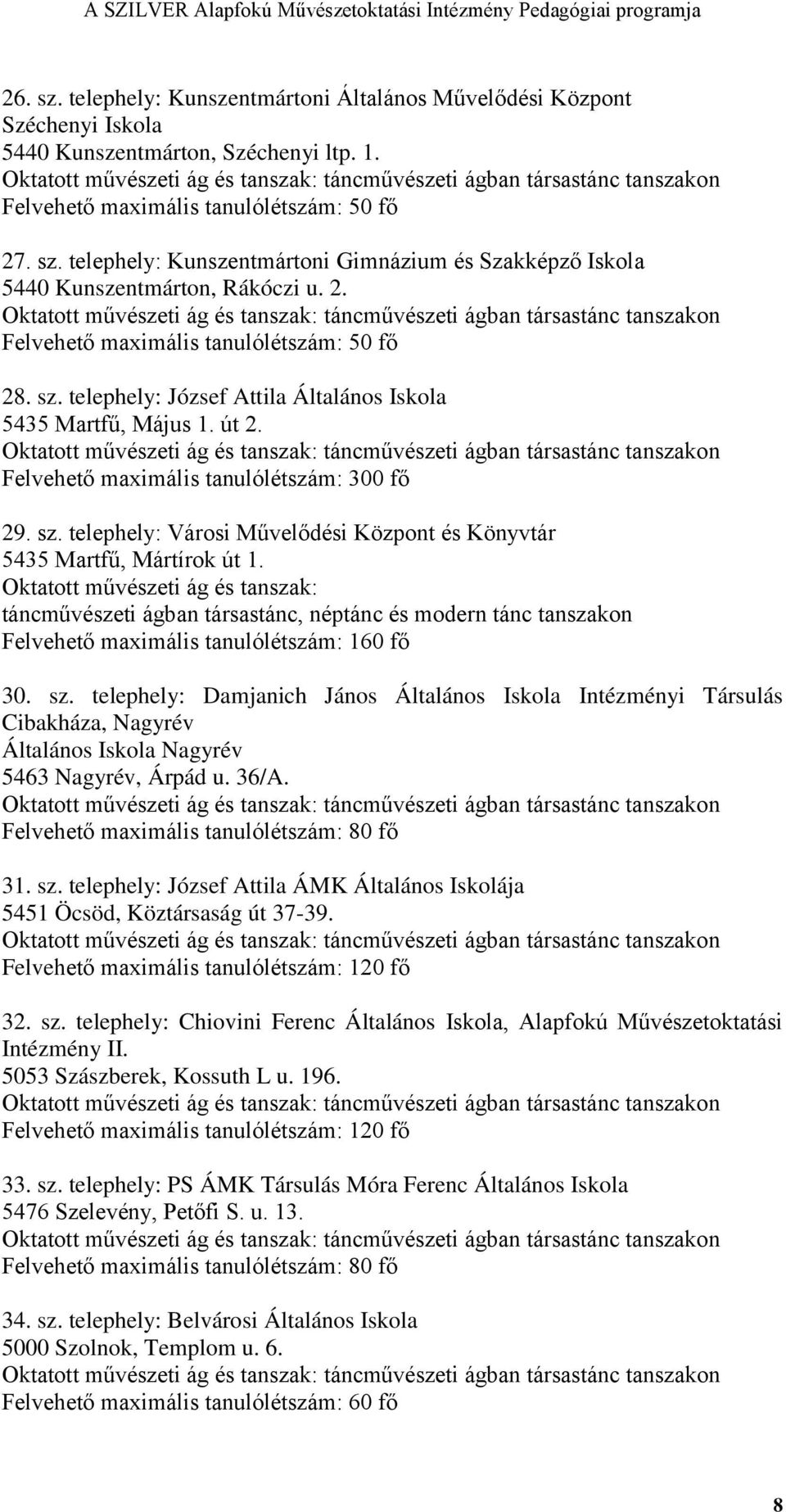 Oktatott művészeti ág és tanszak: táncművészeti ágban társastánc, néptánc és modern tánc tanszakon Felvehető maximális tanulólétszám: 160 fő 30. sz.