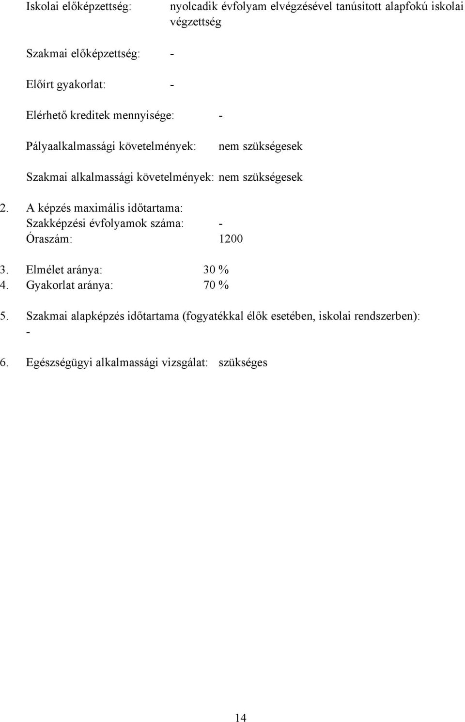 szükségesek 2. képzés maximális időtartama: Szakképzési évfolyamok száma: - Óraszám: 1200 3. Elmélet aránya: 30 % 4.