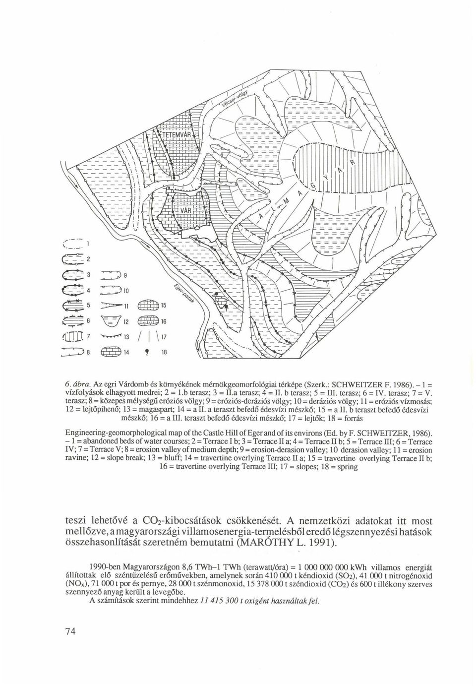 a teraszt befedő édesvízi mészkő; 15 = a II. b teraszt befedő édesvízi mészkő; 16 = a III.