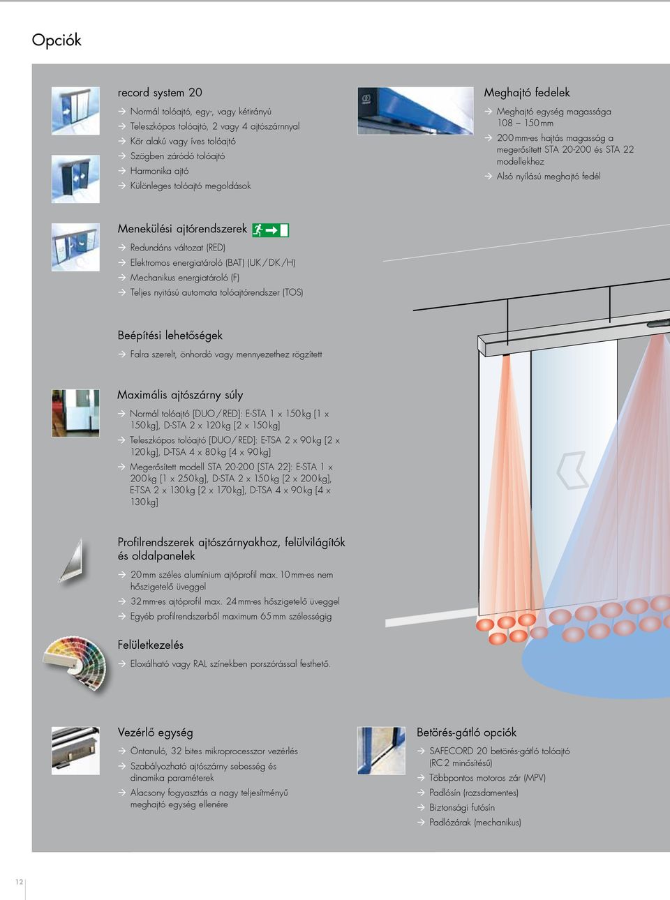 Redundáns változat (RED) Elektromos energiatároló (BAT) (UK / DK /H) Mechanikus energiatároló (F) Teljes nyitású automata tolóajtórendszer (TOS) Beépítési lehetőségek Falra szerelt, önhordó vagy