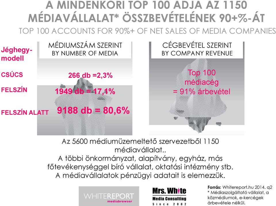 MÉDIUMSZÁM SZERINT BY NUMBER OF MEDIA 266 db =2,3% 1949 db = 17,1% CÉGBEVÉTEL SZERINT BY COMPANY REVENUE Top 100 médiacég = 91% árbevétel FELSZÍN ALATT 9188 db