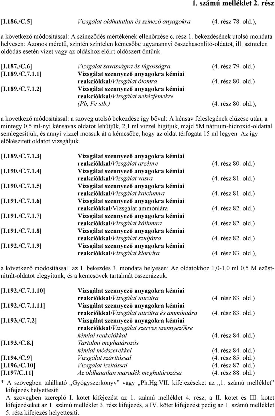 /C.6] Vizsgálat savasságra és lúgosságra (4. rész 79. old.) [I.189./C.7.1.1] reakciókkal/vizsgálat ólomra (4. rész 80. old.) [I.189./C.7.1.2] reakciókkal/vizsgálat nehézfémekre (Pb, Fe stb.) (4.