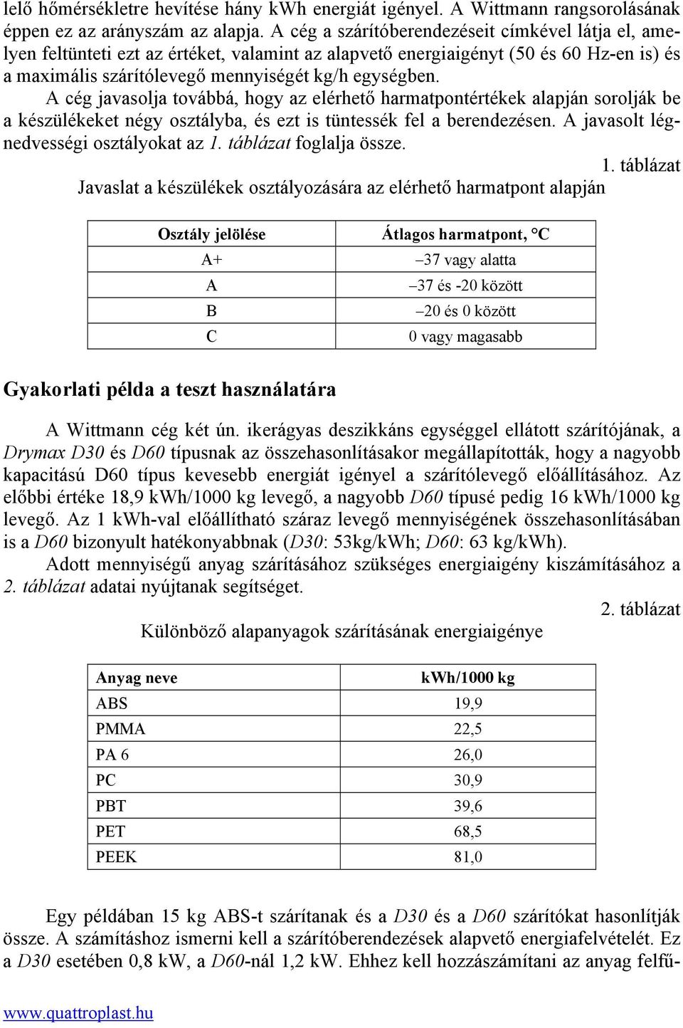 A cég javasolja továbbá, hogy az elérhető harmatpontértékek alapján sorolják be a készülékeket négy osztályba, és ezt is tüntessék fel a berendezésen. A javasolt légnedvességi osztályokat az 1.