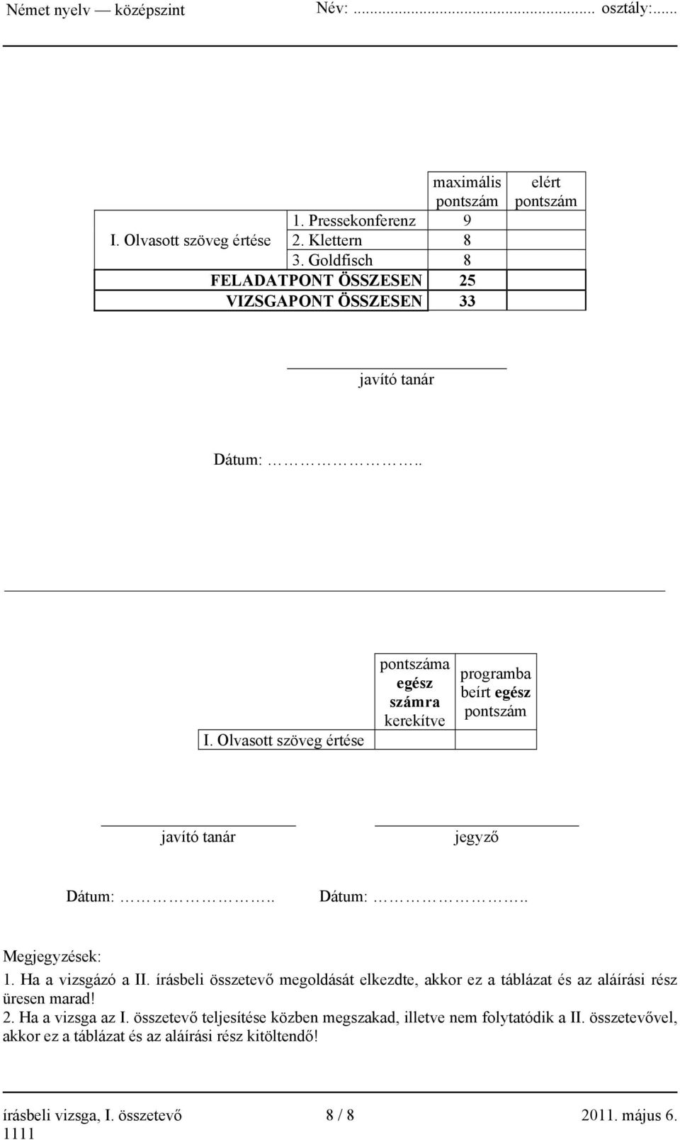 Olvasott szöveg értése pontszáma egész számra kerekítve programba beírt egész pontszám javító tanár jegyző Dátum:.. Dátum:.. Megjegyzések: 1. Ha a vizsgázó a II.