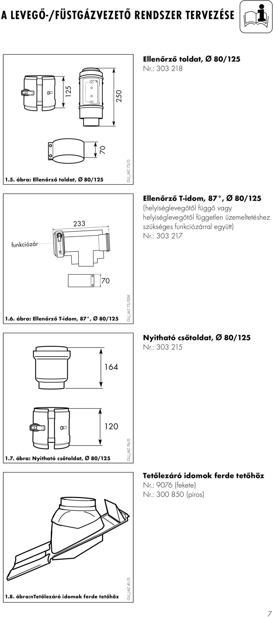 250 1.5. ábra: Ellenőrző toldat, Ø 80/125 GU_LAZ 73/0 funkciózár 233 Ellenőrző T-idom, 87, Ø 80/125 (helyiséglevegőtől függő vagy helyiséglevegőtől