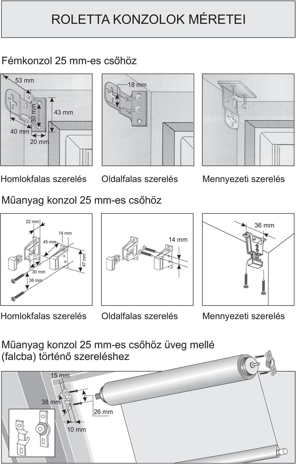 mm 36 mm 14 mm 14 mm 47 mm 45 mm 30 mm 36 mm Homlokfalas szerelés Oldalfalas szerelés