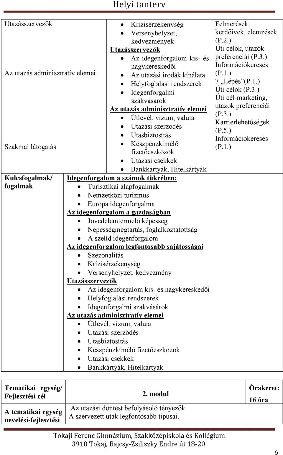 kínálata Helyfoglalási rendszerek Idegenforgalmi szakvásárok Az utazás adminisztratív elemei Útlevél, vízum, valuta Utazási szerződés Utasbiztosítás Készpénzkímélő fizetőeszközök Utazási csekkek