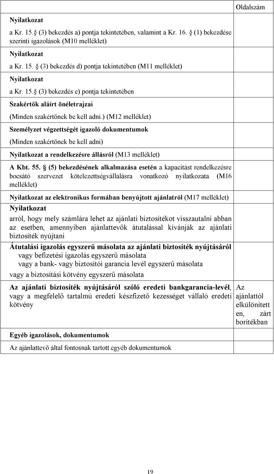 ) (M12 melléklet) Személyzet végzettségét igazoló dokumentumok (Minden szakértőnek be kell adni) Nyilatkozat a rendelkezésre állásról (M13 melléklet) A Kbt. 55.