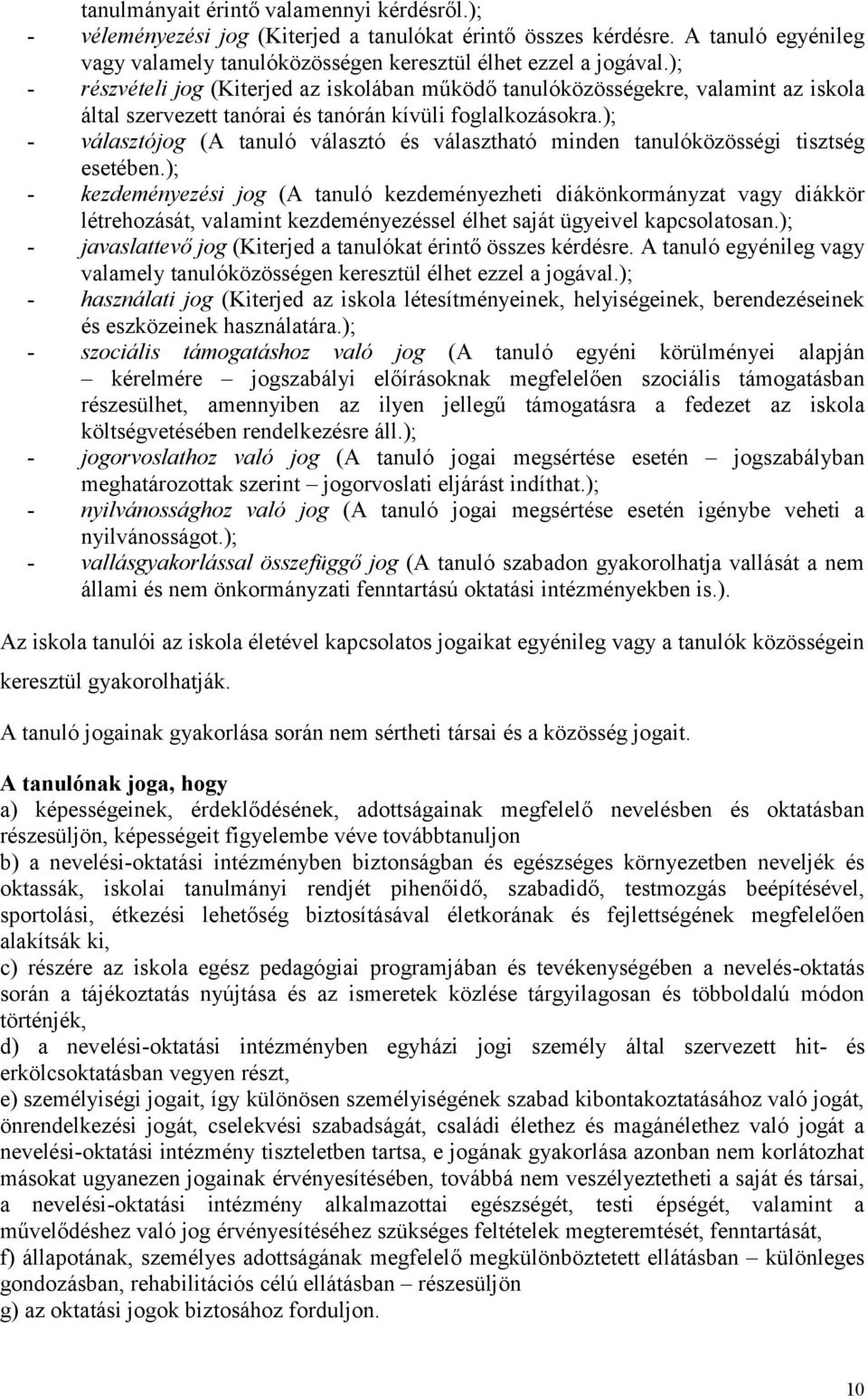 ); - választójog (A tanuló választó és választható minden tanulóközösségi tisztség esetében.