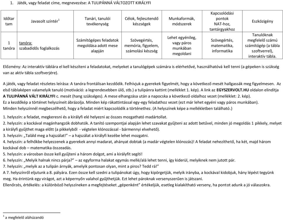 NAT-hoz, tantárgyakhoz Szövegértés, matematika, informatika Eszközigény Tanulóknak megfelelő számú számítógép (a tábla szoftverrel), interaktív tábla.