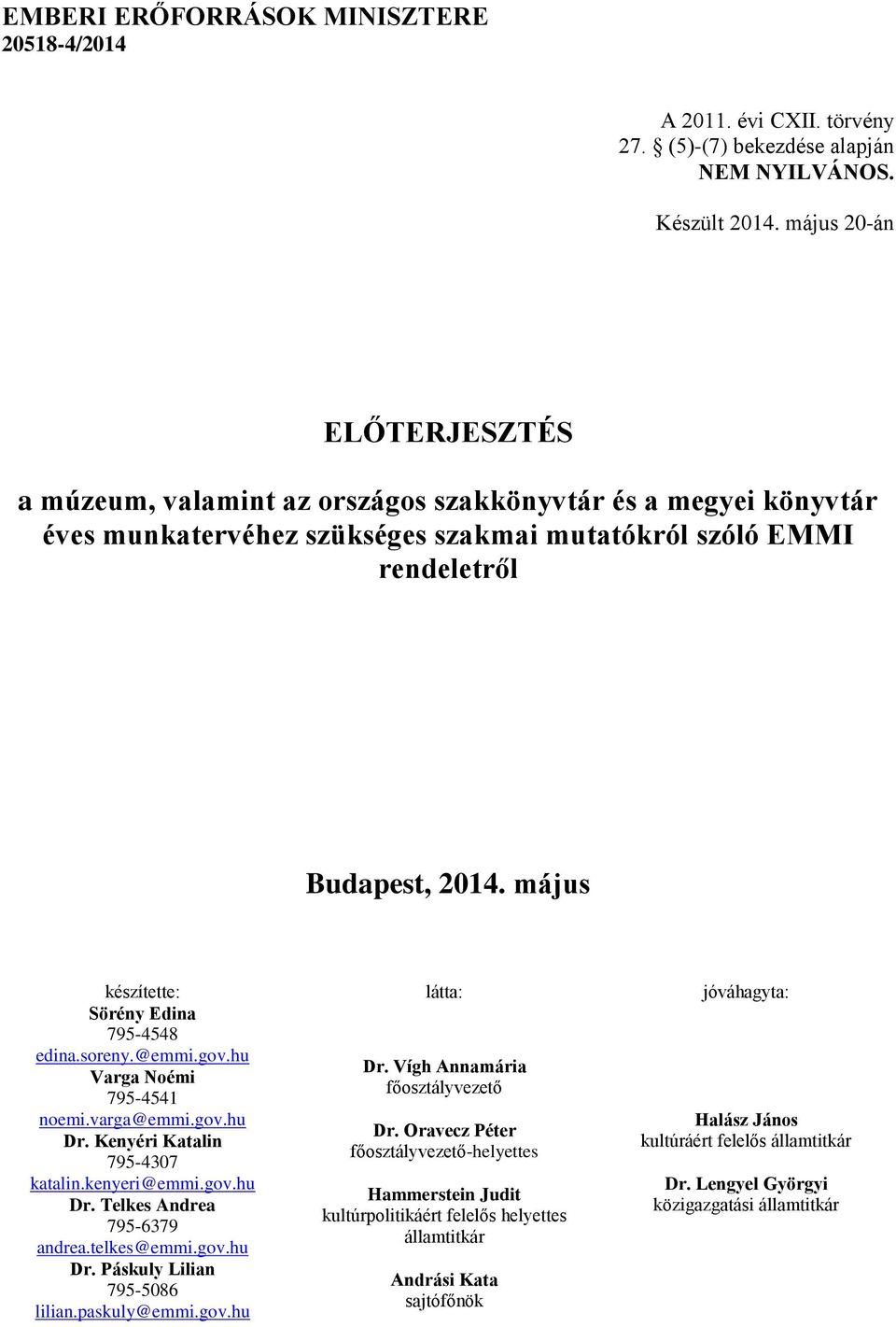 május készítette: látta: jóváhagyta: Sörény Edina 795-4548 edina.soreny.@emmi.gov.hu Varga Noémi 795-4541 noemi.varga@emmi.gov.hu Dr. Kenyéri Katalin 795-4307 katalin.kenyeri@emmi.gov.hu Dr. Telkes Andrea 795-6379 andrea.