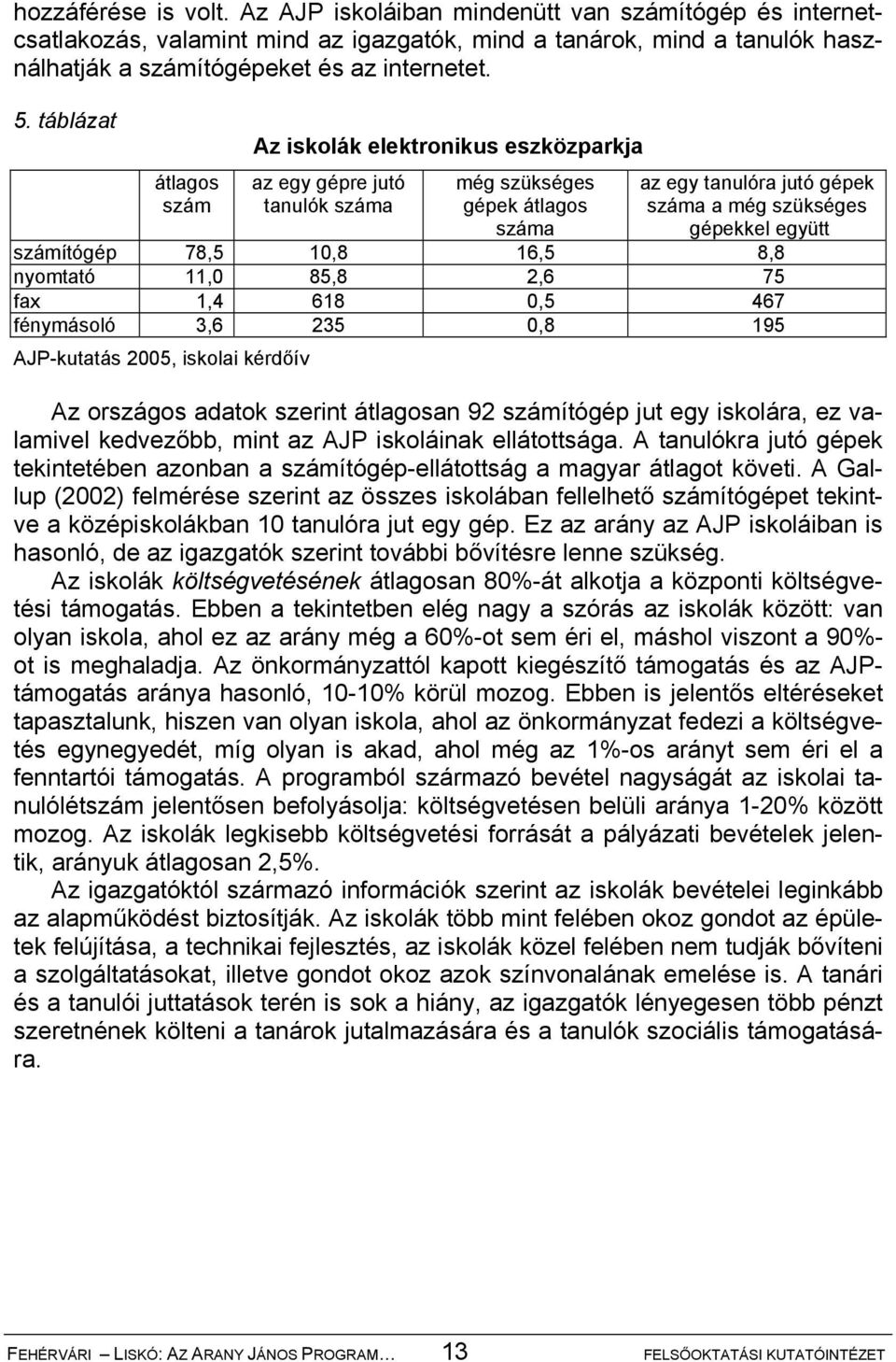 számítógép 78,5 10,8 16,5 8,8 nyomtató 11,0 85,8 2,6 75 fax 1,4 618 0,5 467 fénymásoló 3,6 235 0,8 195 AJP-kutatás 2005, iskolai kérdőív Az országos adatok szerint átlagosan 92 számítógép jut egy