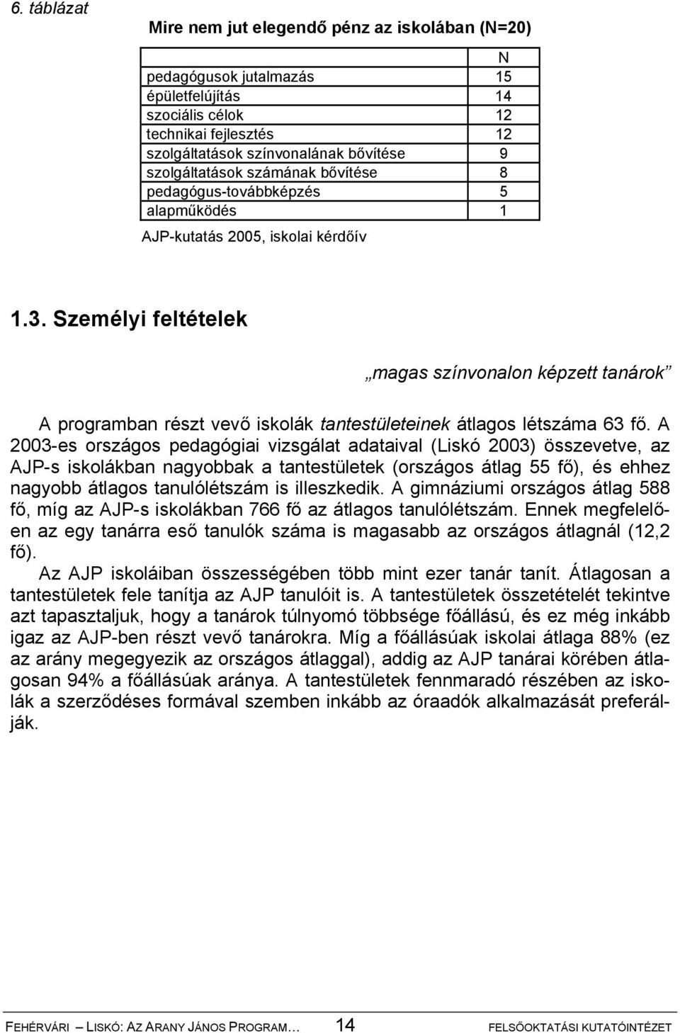 Személyi feltételek magas színvonalon képzett tanárok A programban részt vevő iskolák tantestületeinek átlagos létszáma 63 fő.