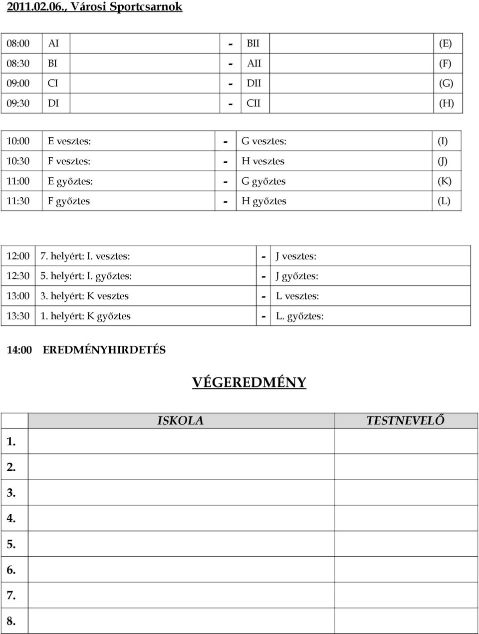 vesztes: (I) 10:30 F vesztes: - H vesztes (J) 11:00 E győztes: - G győztes (K) 11:30 F győztes - H győztes (L) 12:00 7.