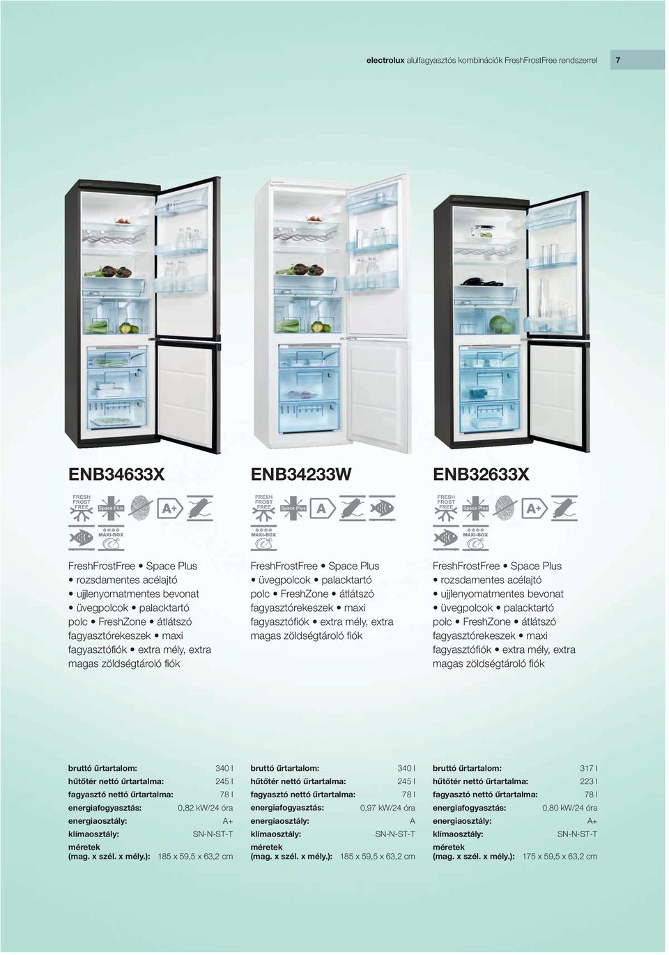 fagyasztófiók extra mély, extra magas zöldségtároló fiók FreshFrostFree Space Plus rozsdamentes acélajtó ujjlenyomatmentes bevonat üvegpolcok palacktartó polc FreshZone átlátszó fagyasztórekeszek