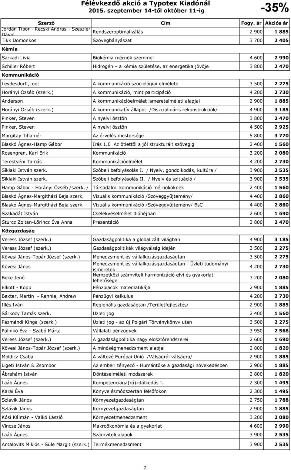 ) A kommunikáció, mint participáció 4 200 2 730 Anderson A kommunikációelmélet ismeretelméleti alapjai 2 900 1 885 Horányi Özséb (szerk.